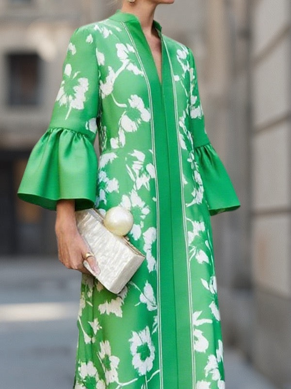 Floral Print Pleated Maxi Dress – Flared Sleeve V-Neck