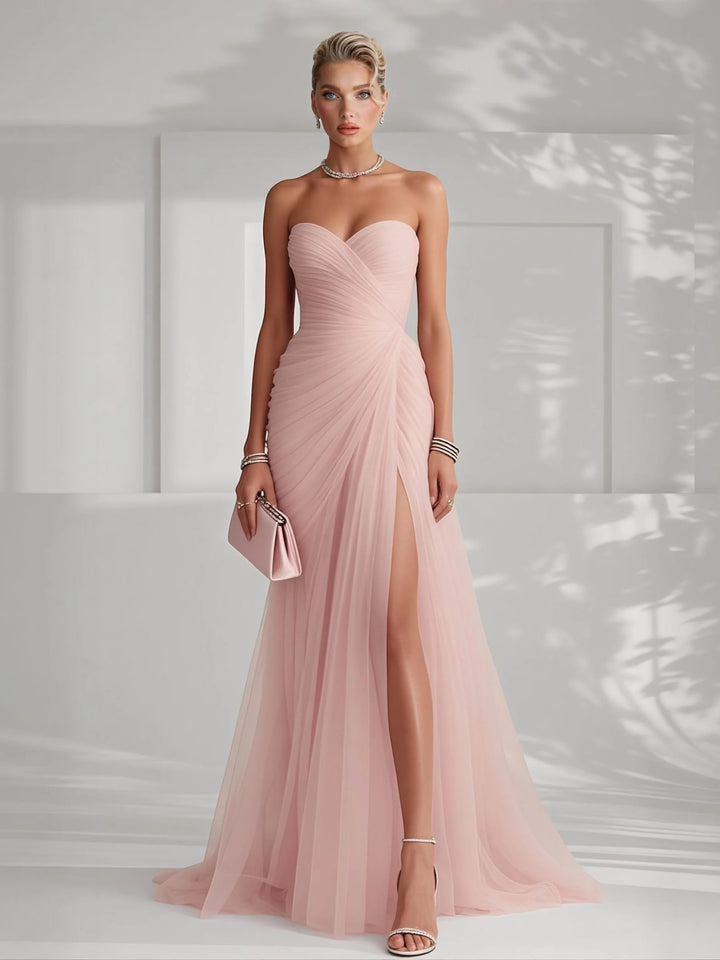 Strapless Pleated Tulle Maxi Dress
