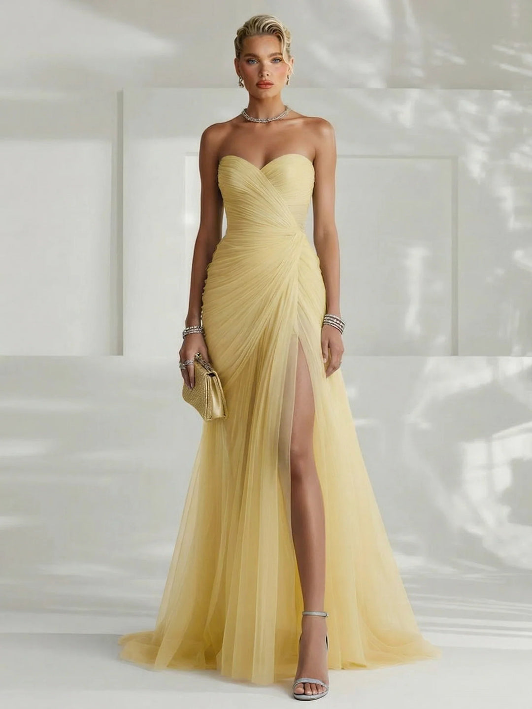 Strapless Pleated Tulle Maxi Dress