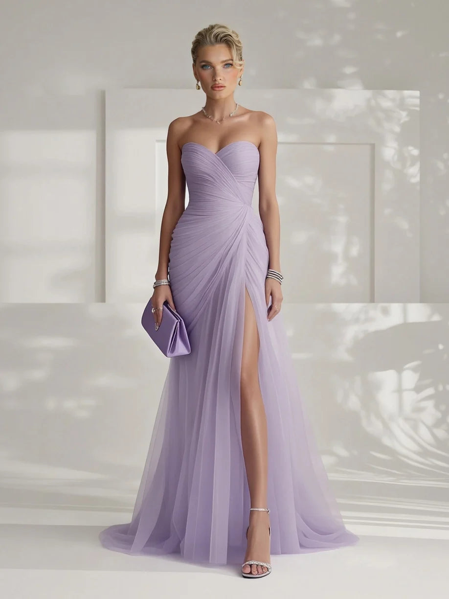 Strapless Pleated Tulle Maxi Dress