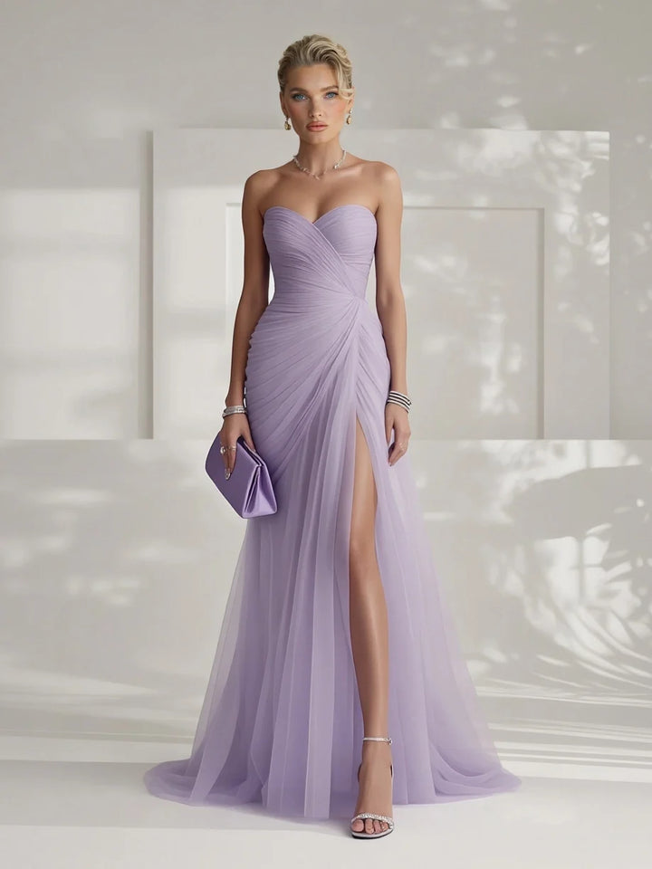 Strapless Pleated Tulle Maxi Dress