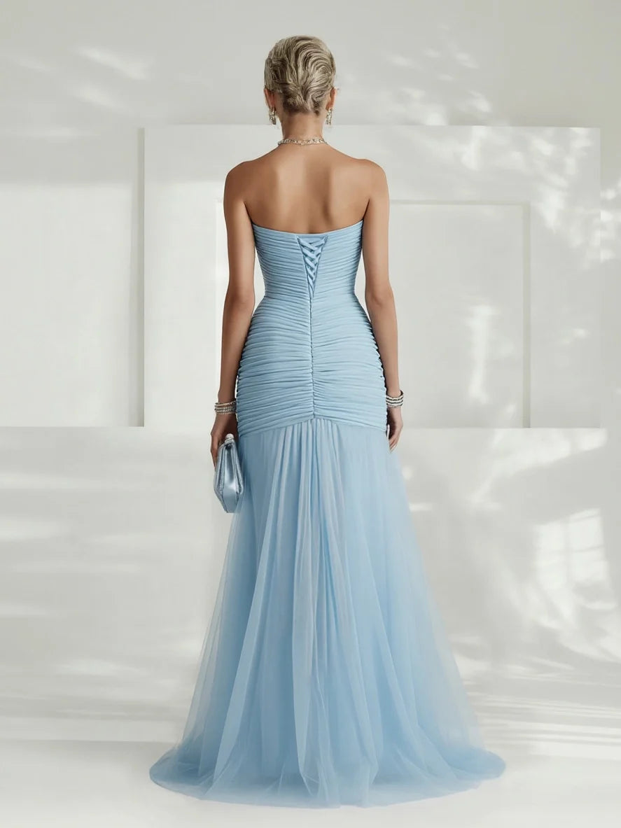Strapless Pleated Tulle Maxi Dress