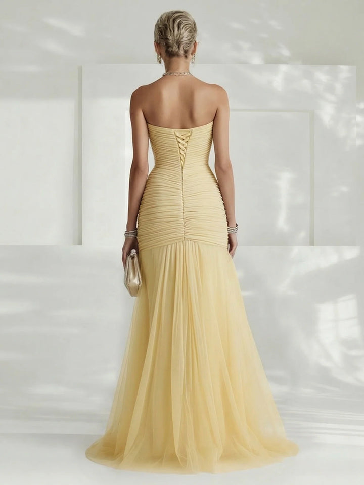 Strapless Pleated Tulle Maxi Dress