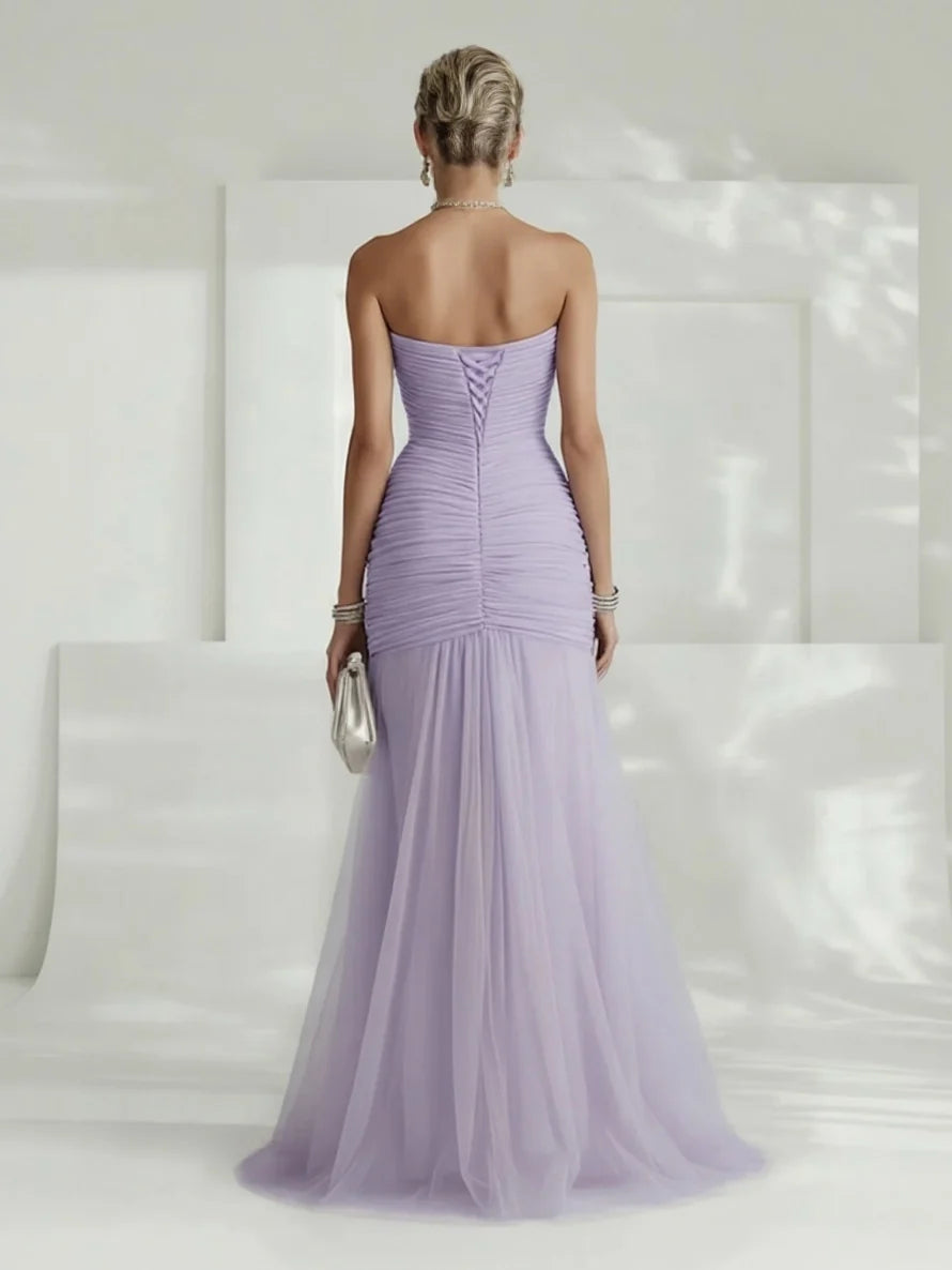 Strapless Pleated Tulle Maxi Dress