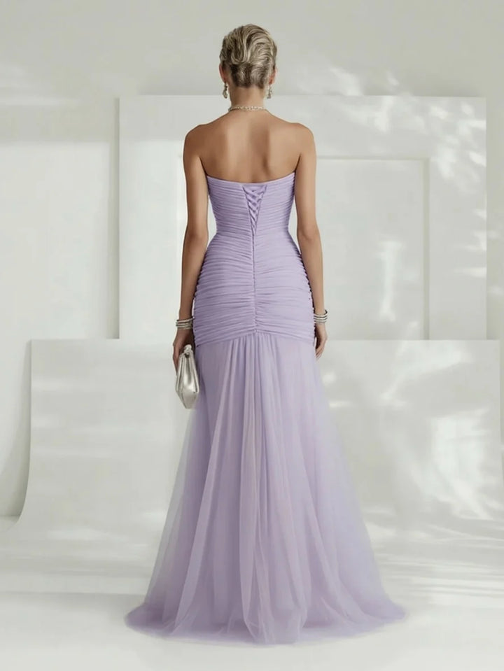Strapless Pleated Tulle Maxi Dress