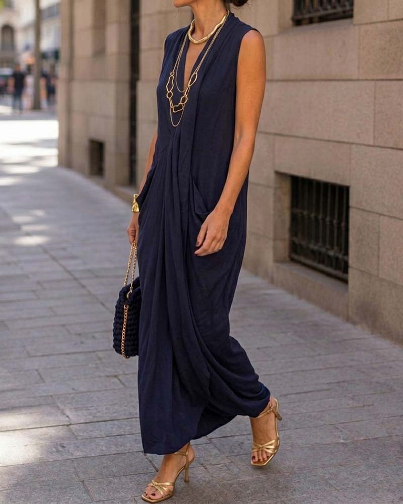Sleeveless V-Neck Pocket Shirred Maxi Dress
