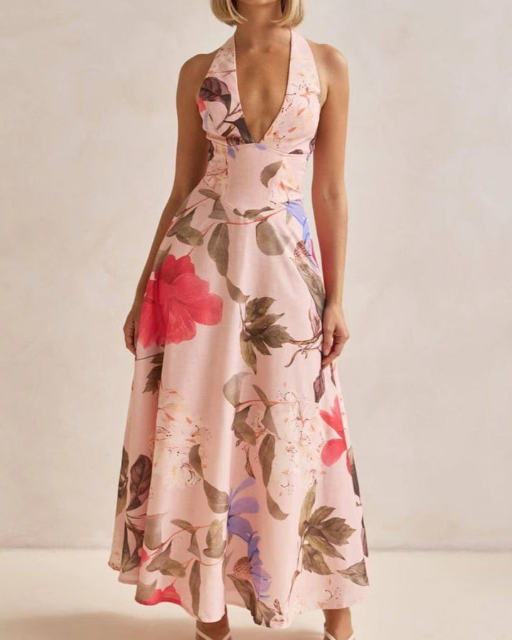 Floral Backless Halter Maxi Dress