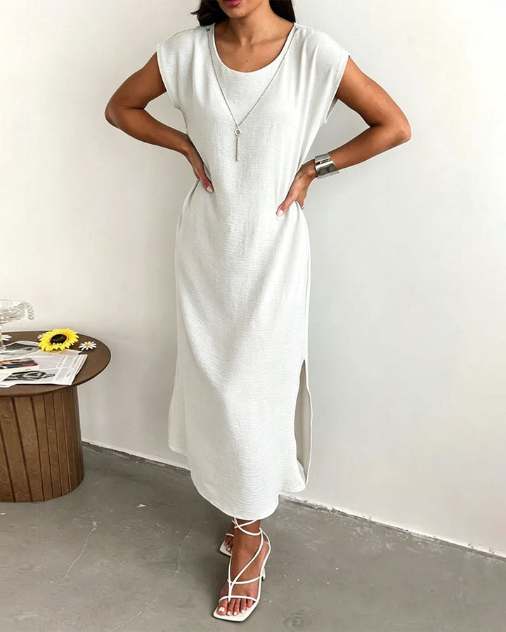 Solid Round Neck Short Sleeve Slit Loose Maxi Dress