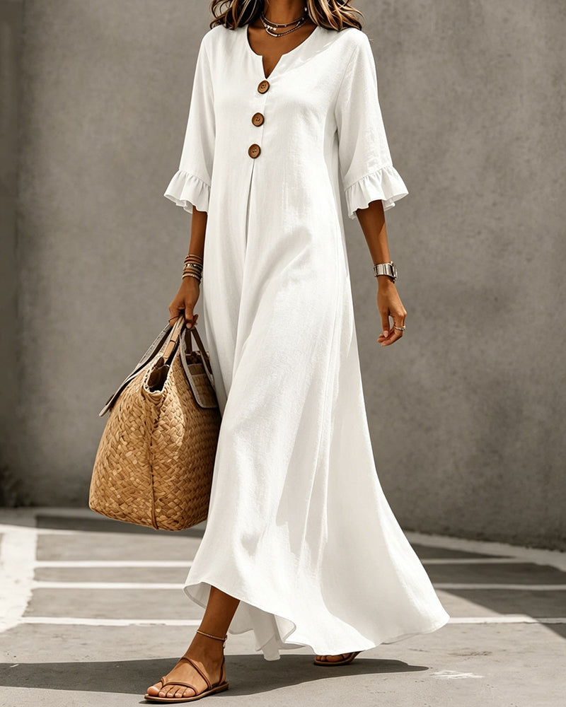 V-Neck Button Ruffle Full Skirt Maxi Dress