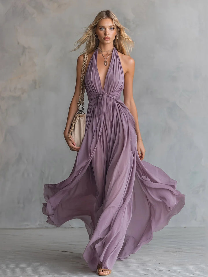 Ruched Halter Neck Flowing Maxi Dress