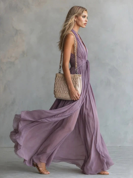 Ruched Halter Neck Flowing Maxi Dress
