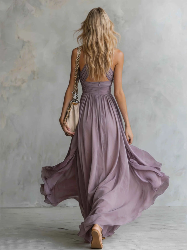 Ruched Halter Neck Flowing Maxi Dress