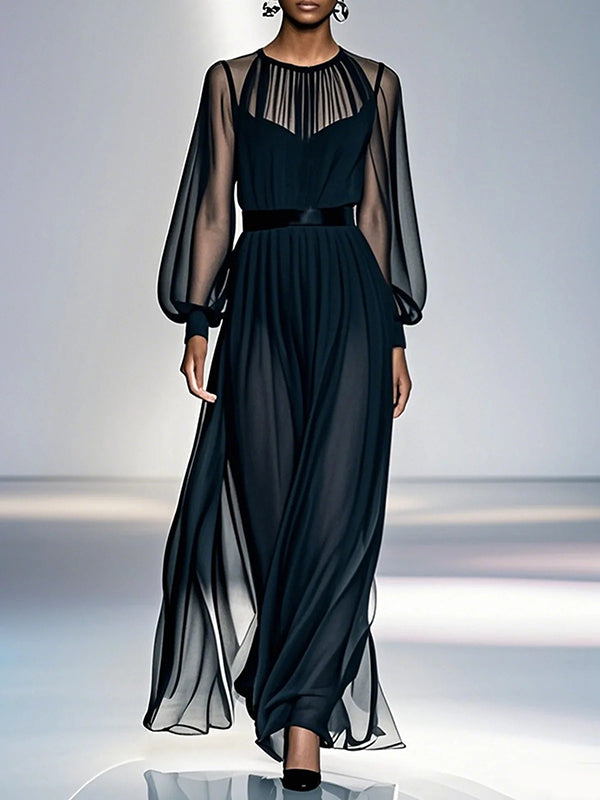 Gauze Maxi Dress – Pleated Round Neck, Layered Look
