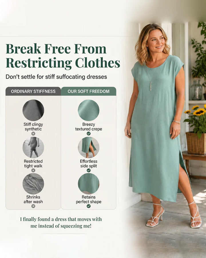 Solid Round Neck Short Sleeve Slit Loose Maxi Dress