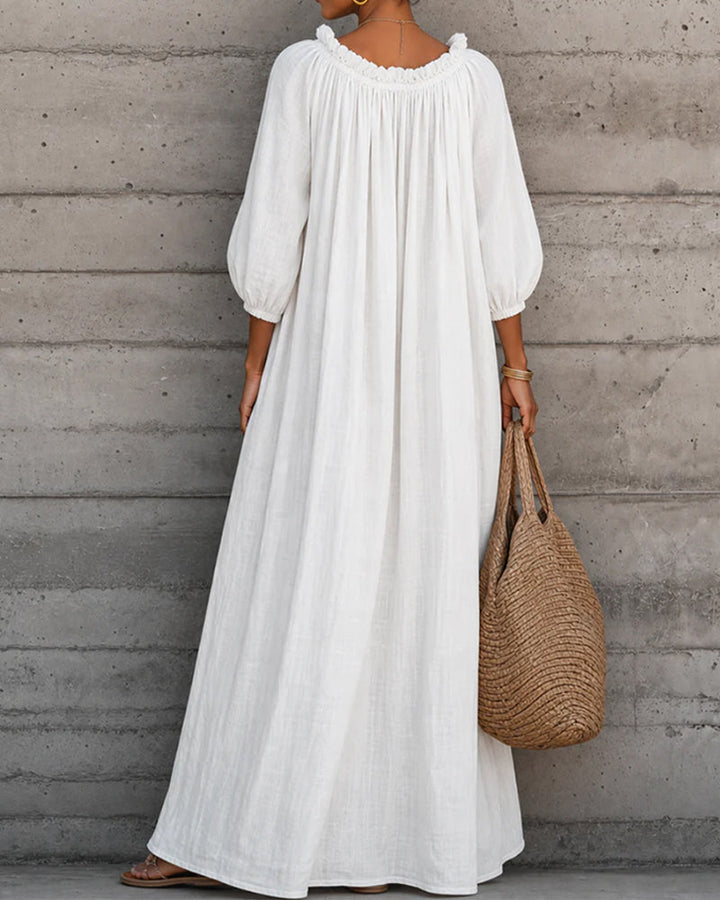 White Bubble Sleeve Full Skirt Maxi Dress