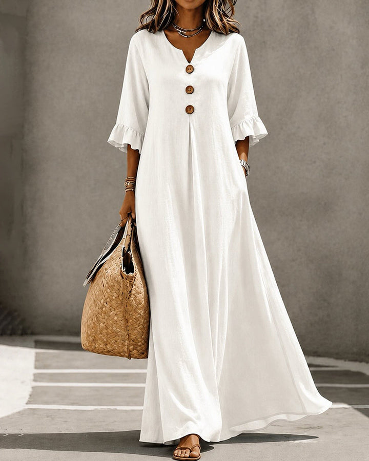 V-Neck Button Ruffle Full Skirt Maxi Dress