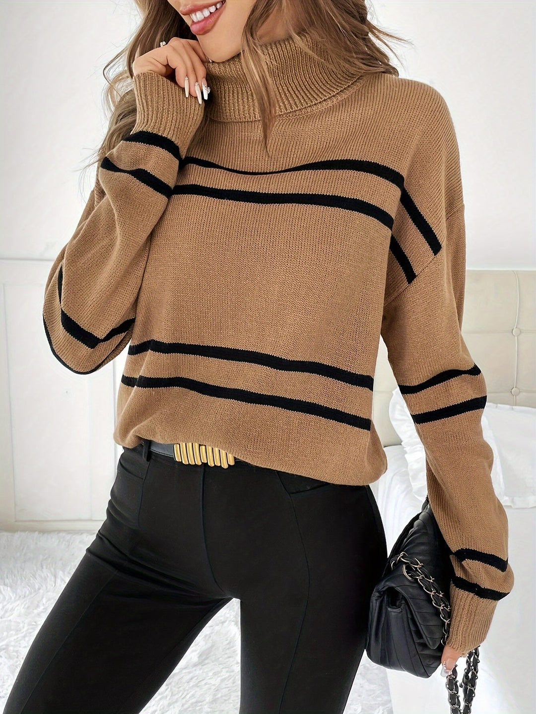Thea – Striped High Neck Sweater