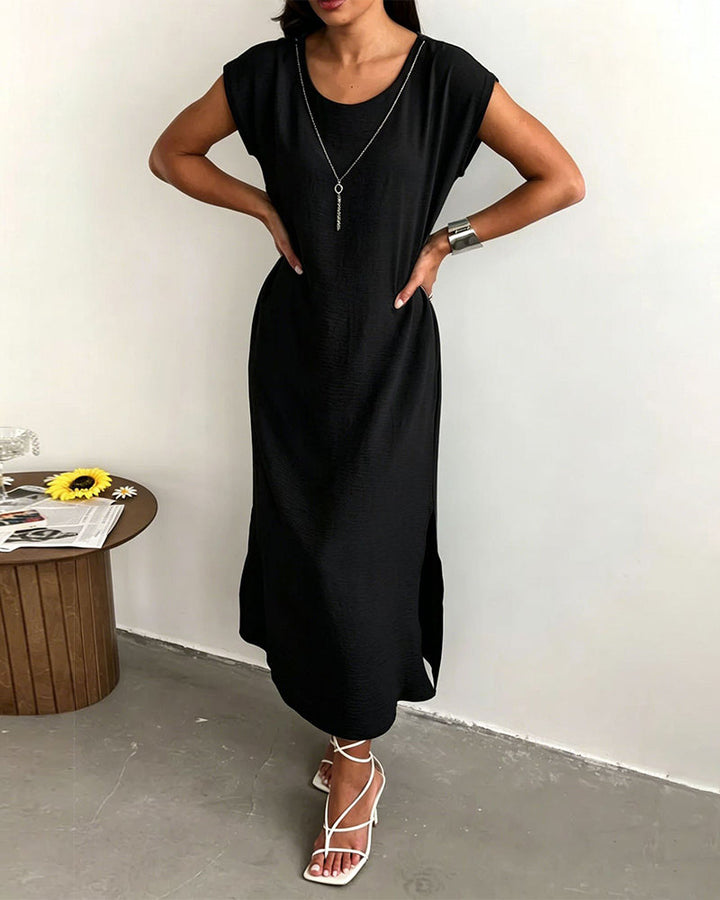 Solid Round Neck Short Sleeve Slit Loose Maxi Dress