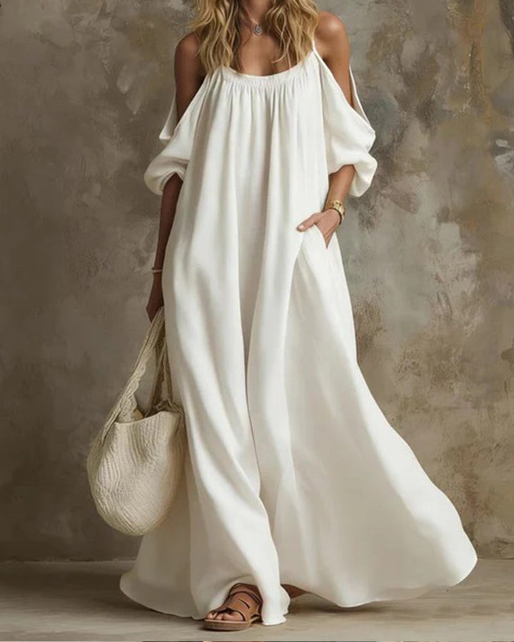 White Strappy Off-Shoulder Pocket Maxi Dress