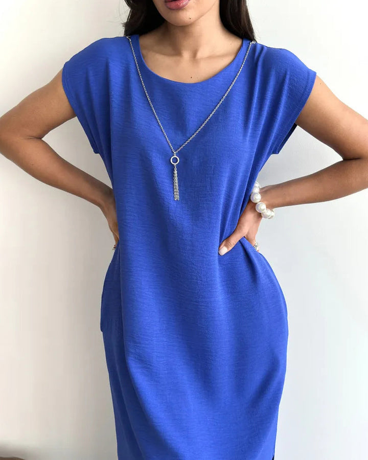 Solid Round Neck Short Sleeve Slit Loose Maxi Dress