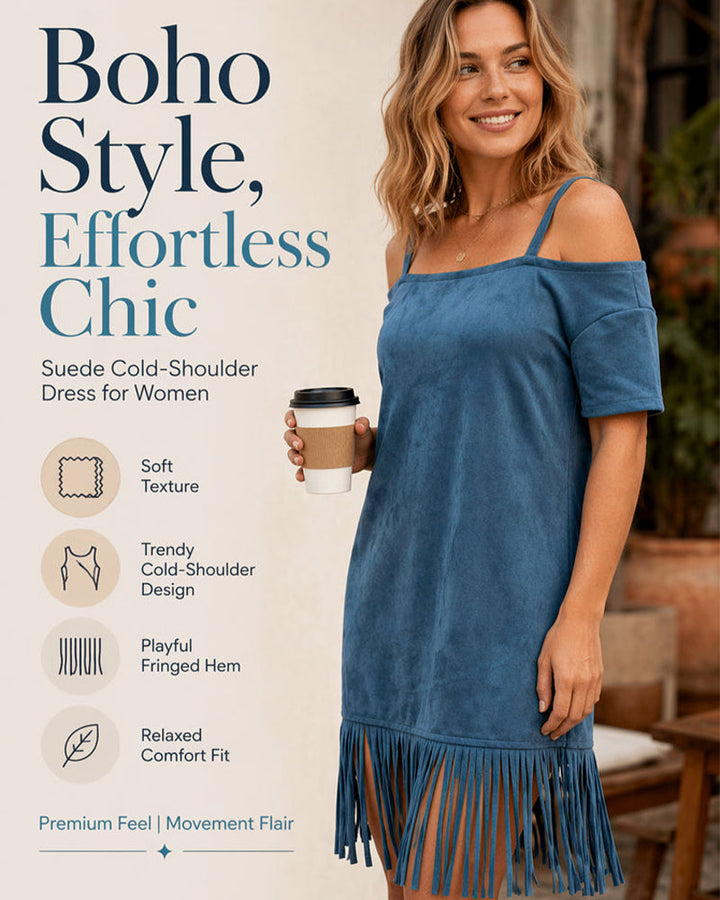 Blue Spaghetti Strap Off-Shoulder Fringe Maxi Dress
