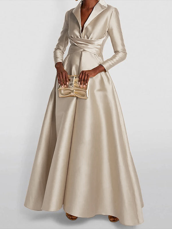 Solid Colour A-Line Maxi Dress – High-Waisted V-Neck