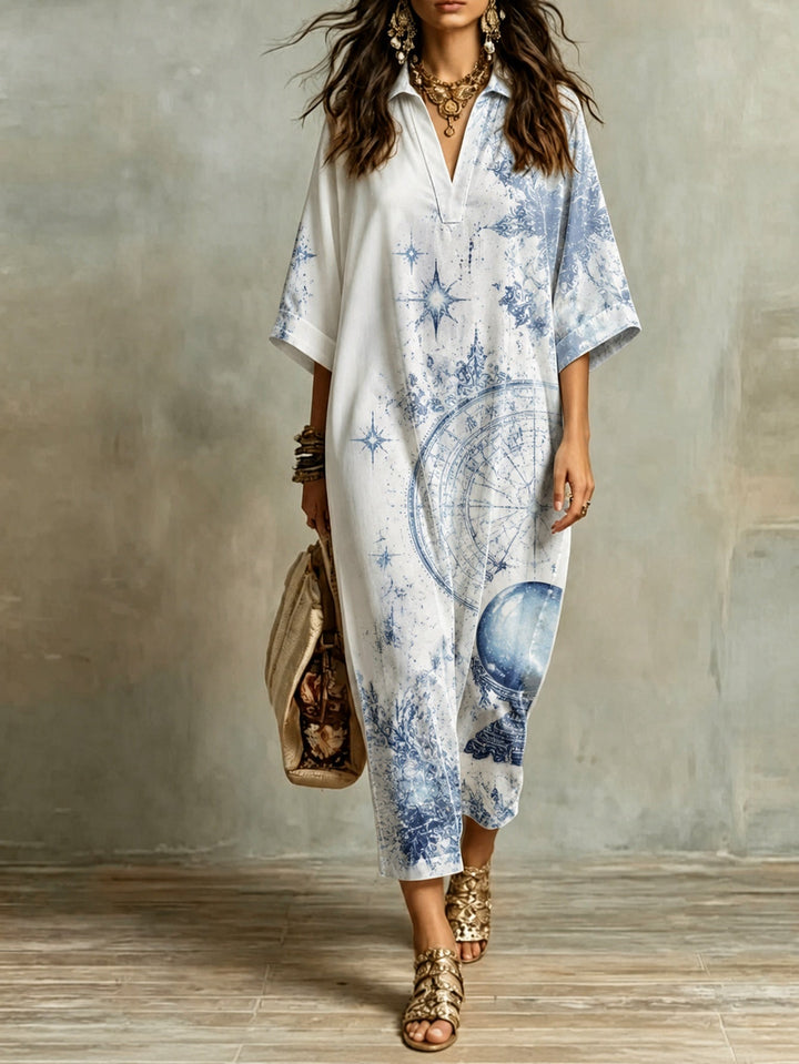 Vintage V-Neck Mid-Sleeve Star Print Maxi Dress