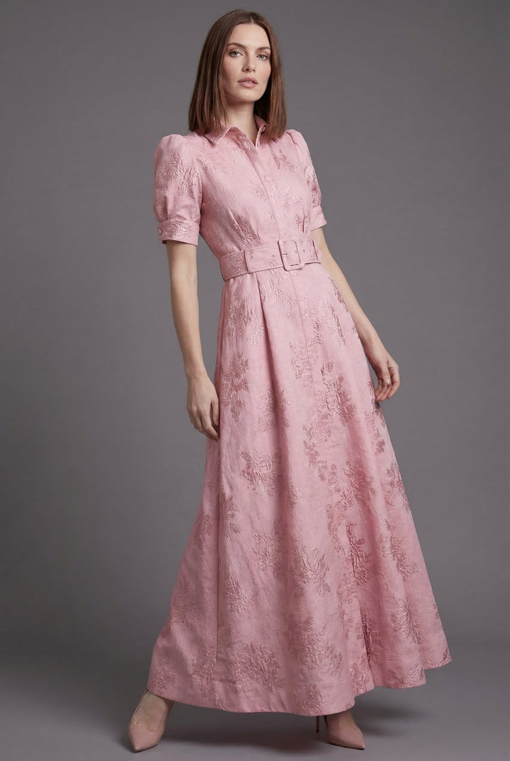 Belted Puff Sleeve Full Skirt Maxi Dress