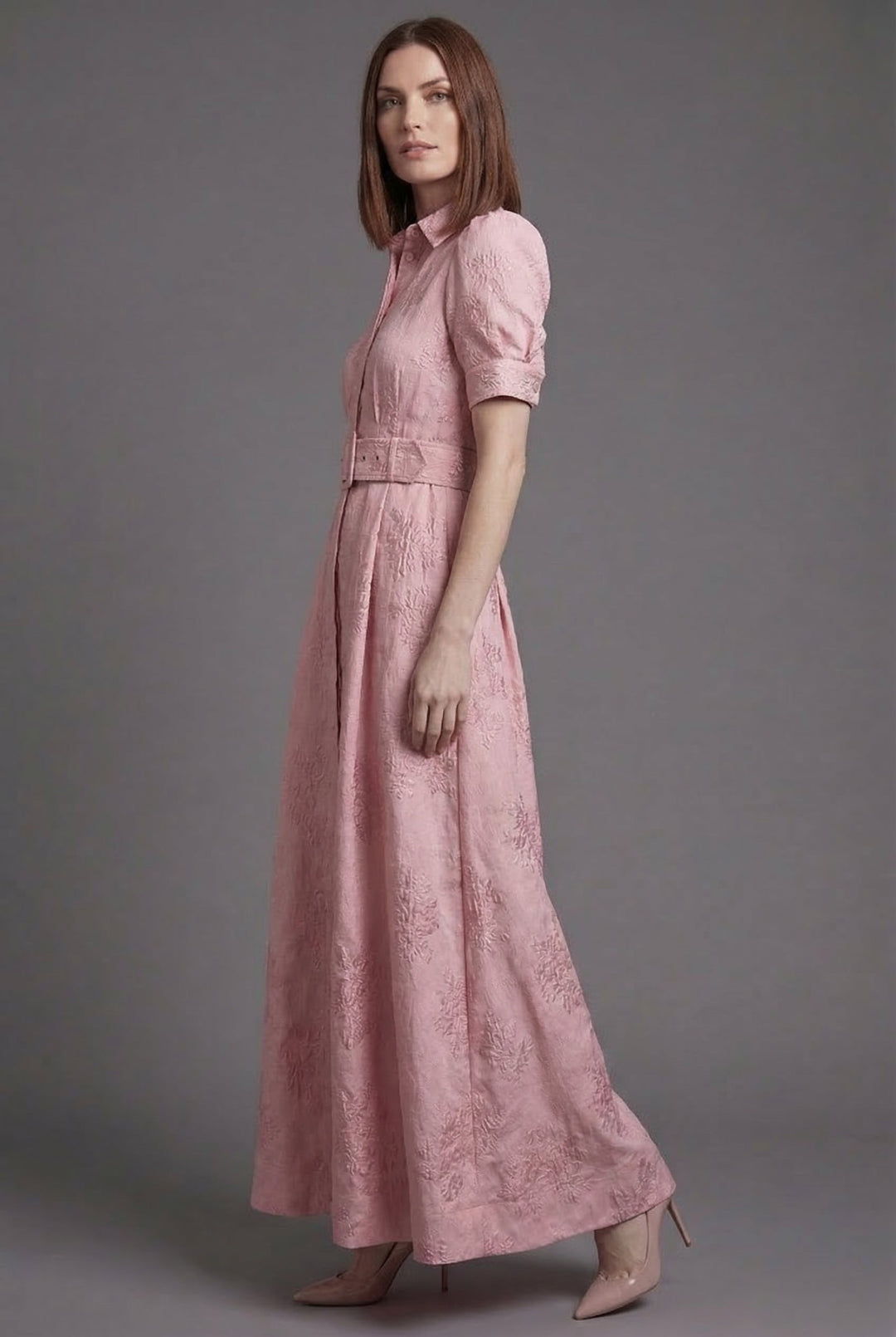 Belted Puff Sleeve Full Skirt Maxi Dress