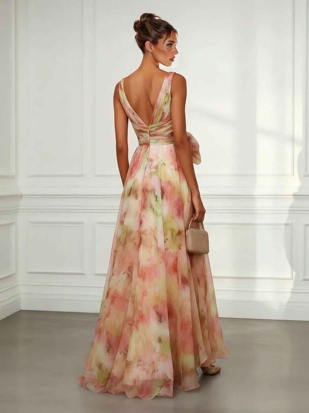 Abstract Print V-Neck Tie-Waist Maxi Dress