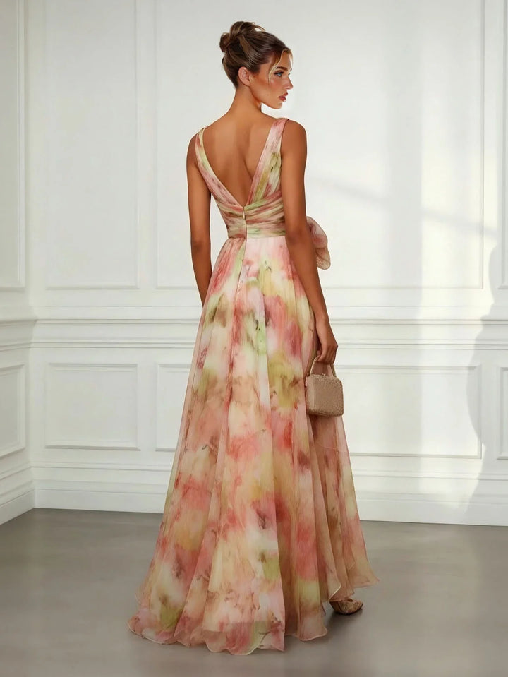 Abstract Print V-Neck Tie-Waist Maxi Dress