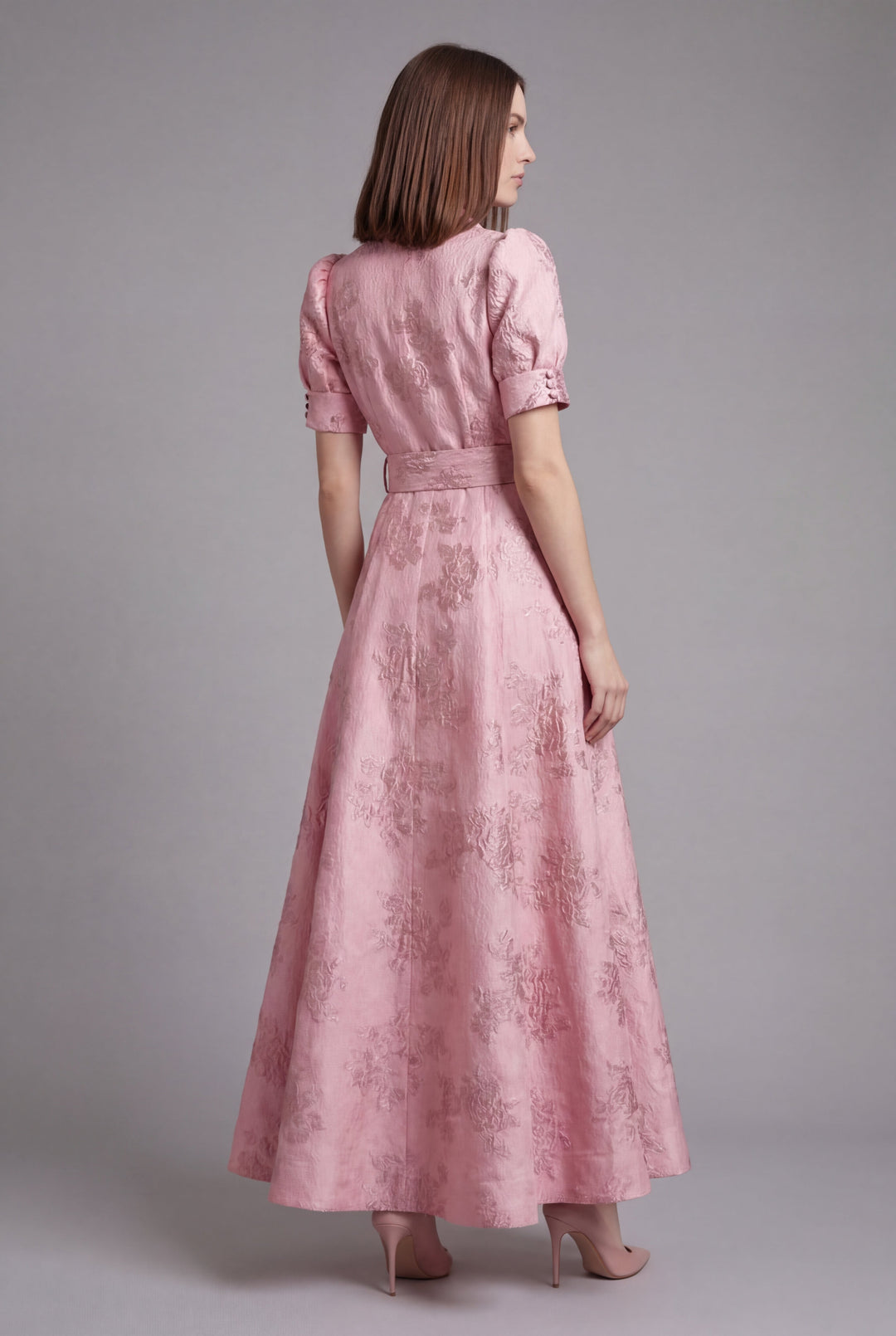 Belted Puff Sleeve Full Skirt Maxi Dress
