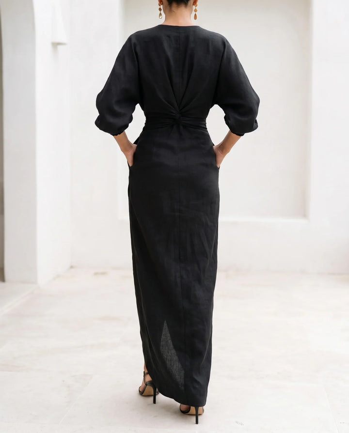 Wrap Waist Deep V-Neck Maxi Dress