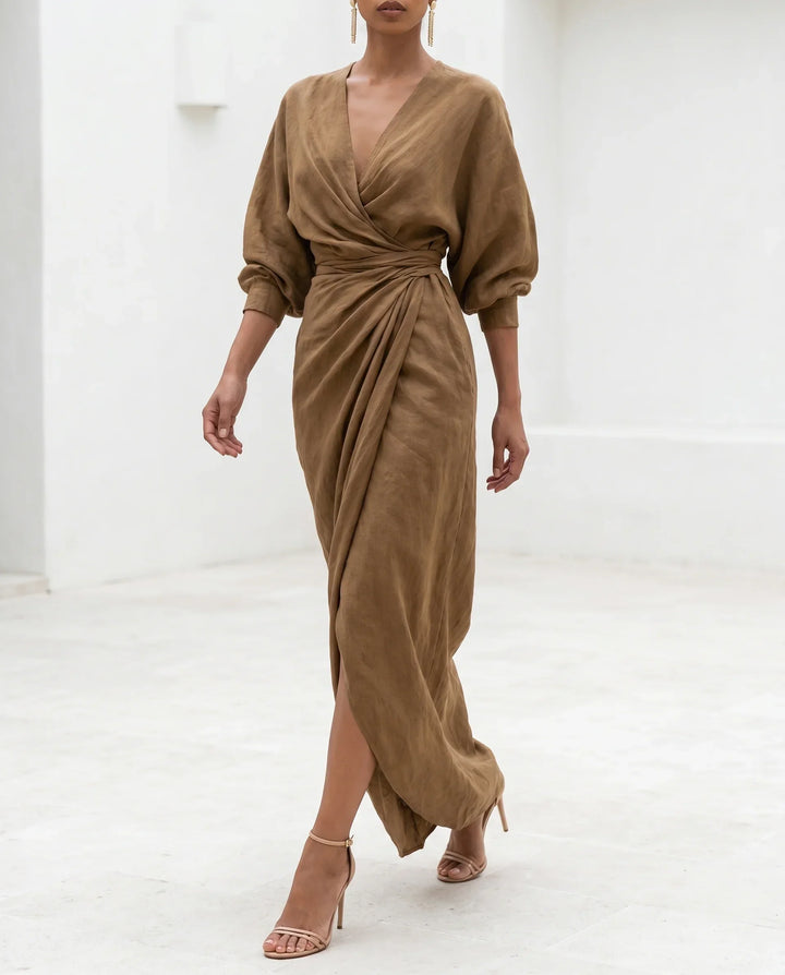 Wrap Waist Deep V-Neck Maxi Dress