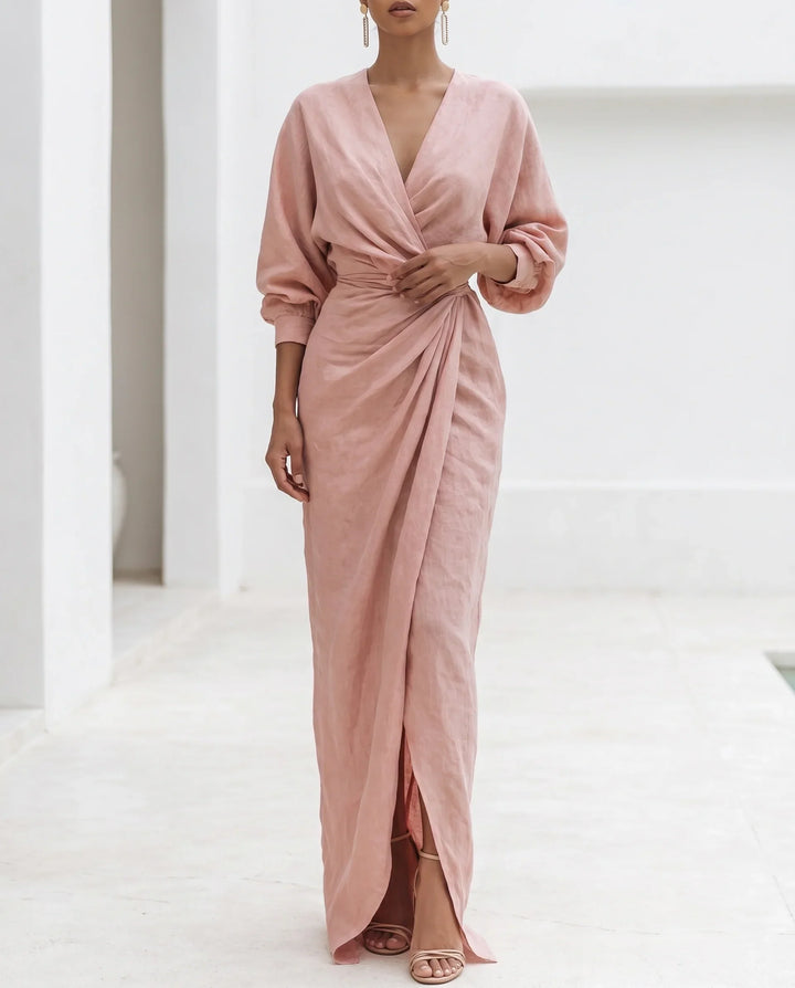 Wrap Waist Deep V-Neck Maxi Dress