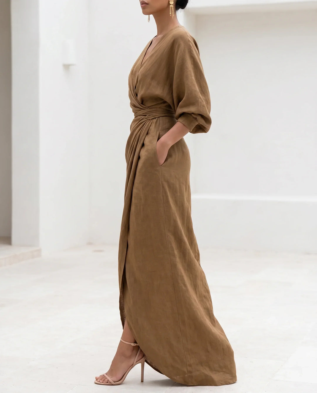 Wrap Waist Deep V-Neck Maxi Dress