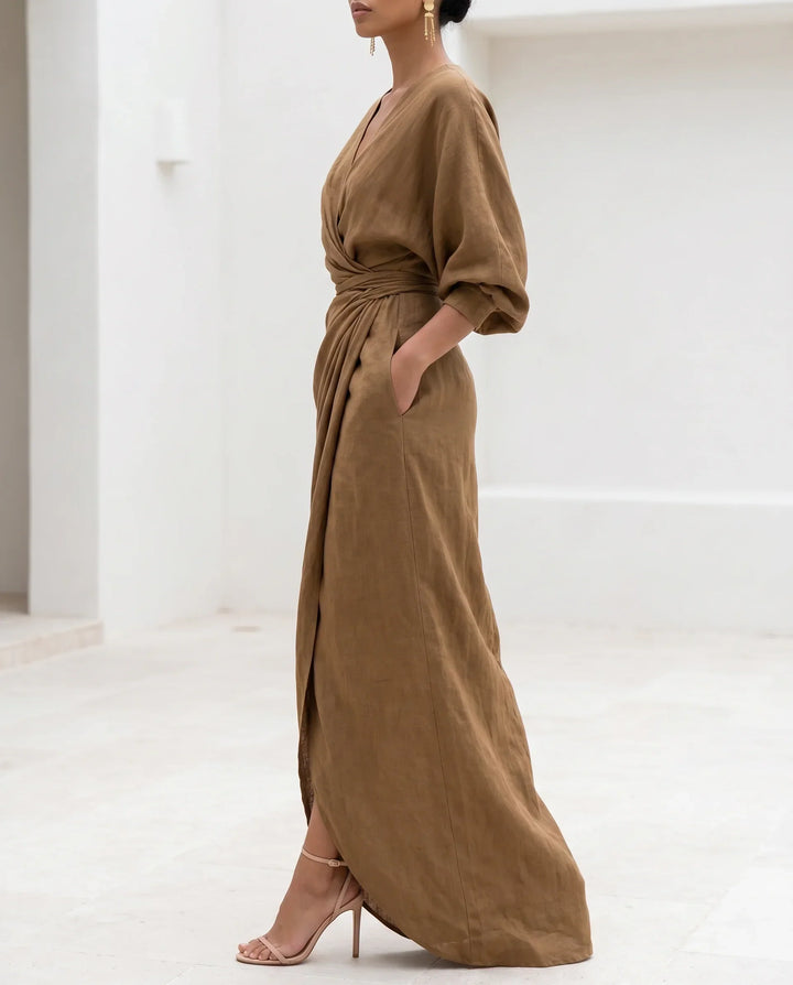 Wrap Waist Deep V-Neck Maxi Dress