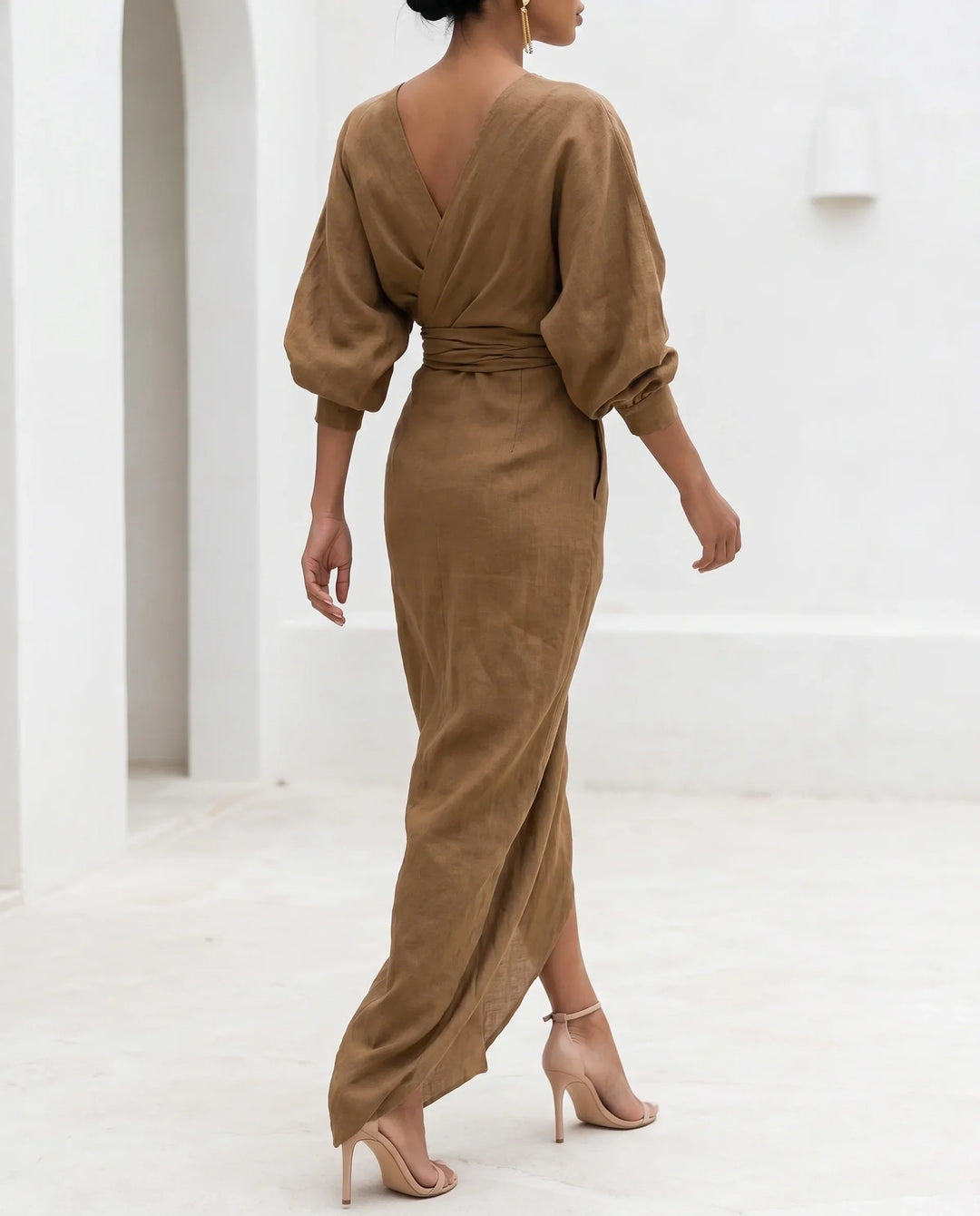 Wrap Waist Deep V-Neck Maxi Dress