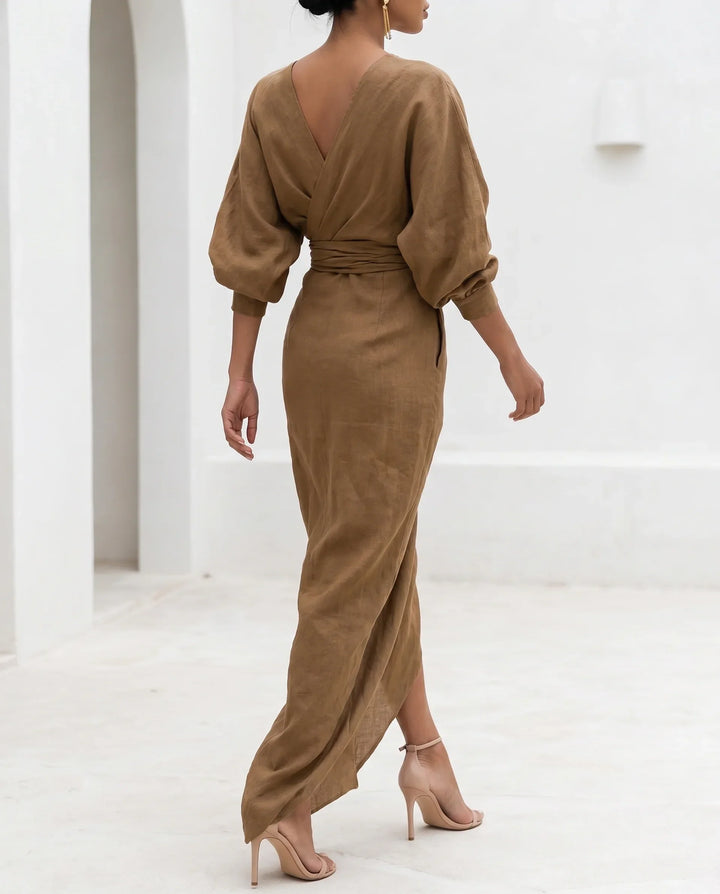 Wrap Waist Deep V-Neck Maxi Dress