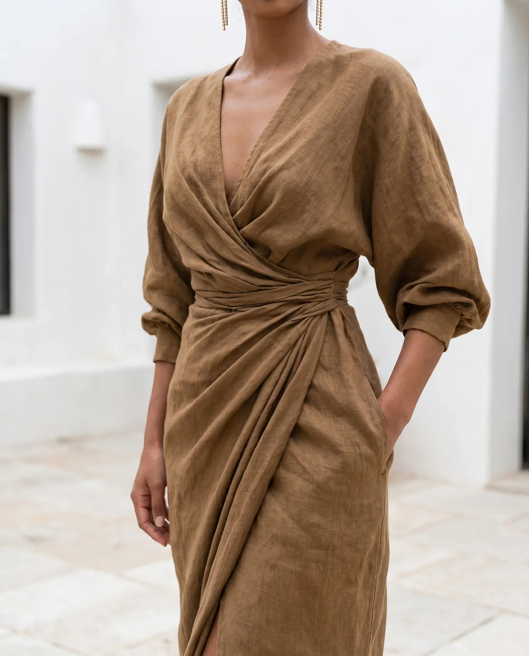 Wrap Waist Deep V-Neck Maxi Dress