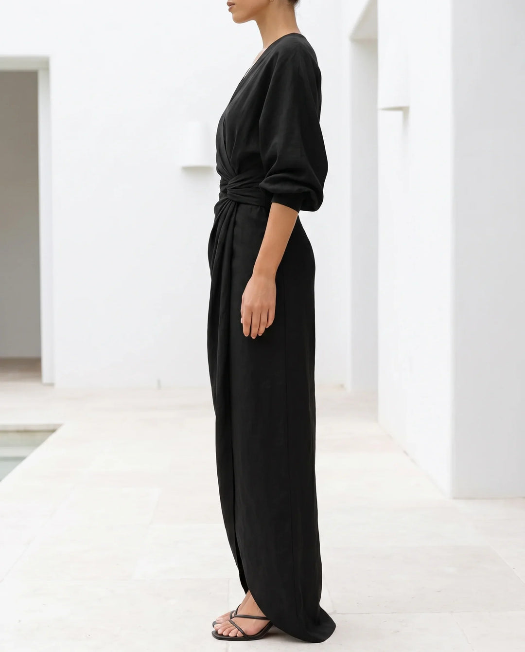 Wrap Waist Deep V-Neck Maxi Dress