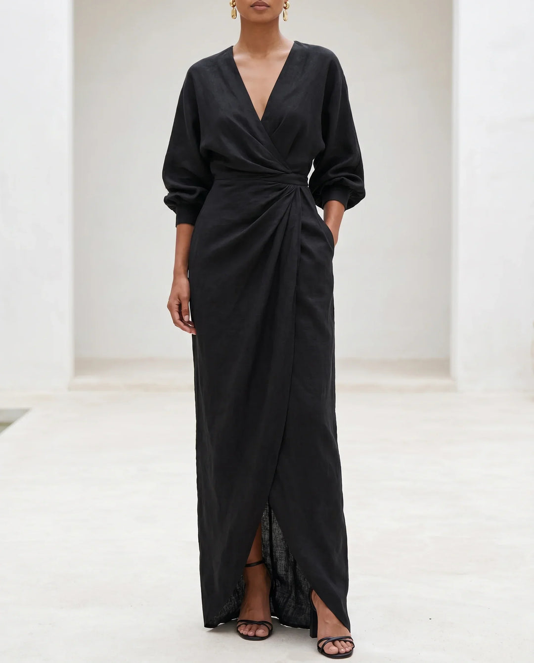 Wrap Waist Deep V-Neck Maxi Dress