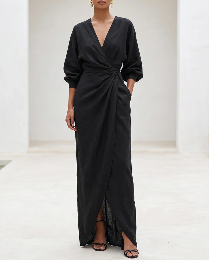 Wrap Waist Deep V-Neck Maxi Dress