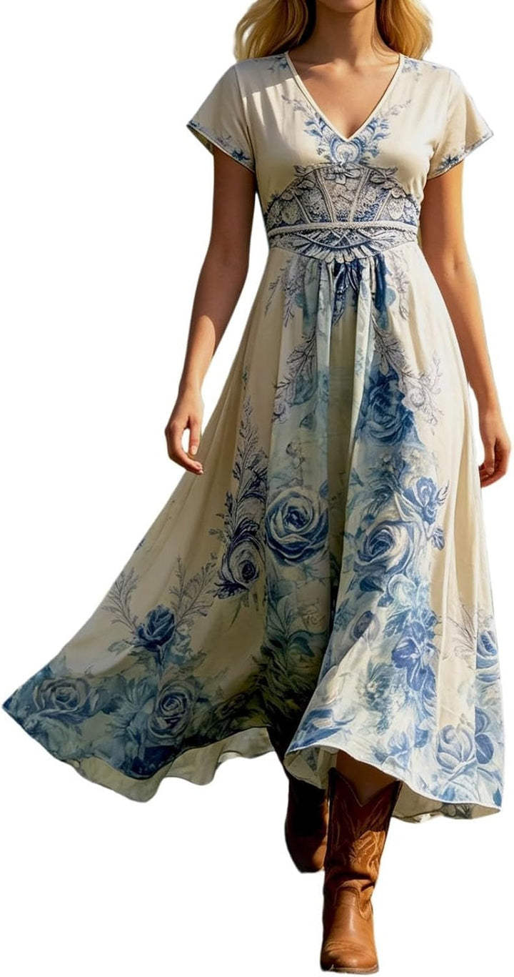 Floral V-Neck Maxi Dress – Short Sleeve