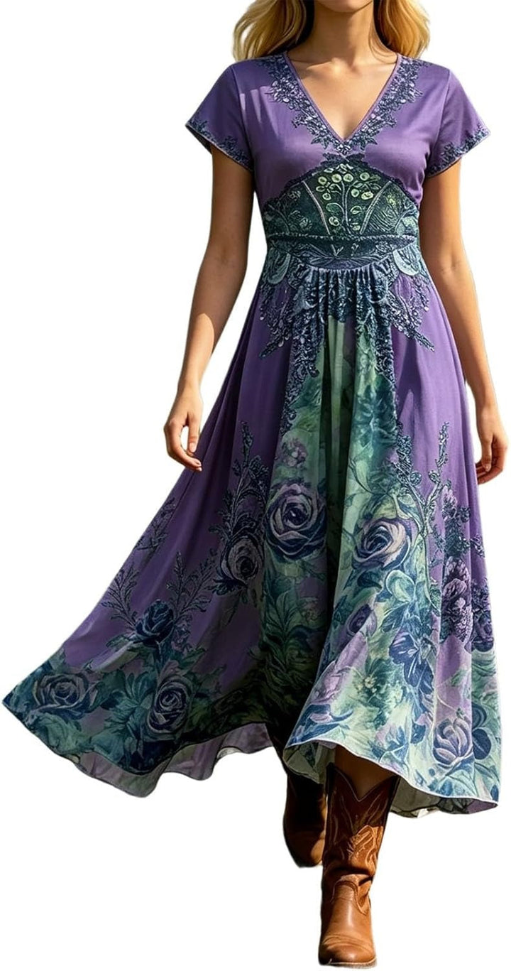 Floral V-Neck Maxi Dress – Short Sleeve