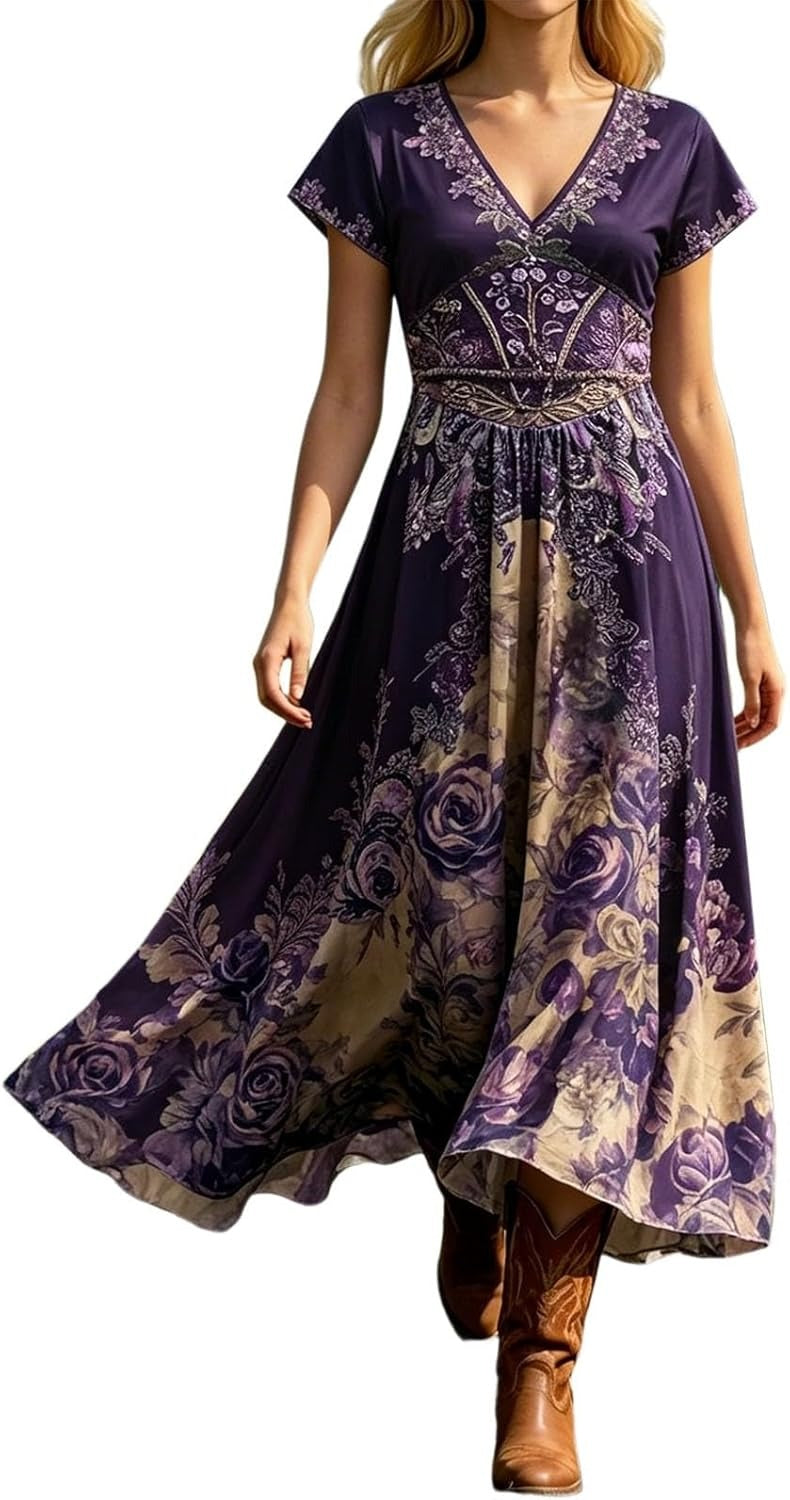 Floral V-Neck Maxi Dress – Short Sleeve