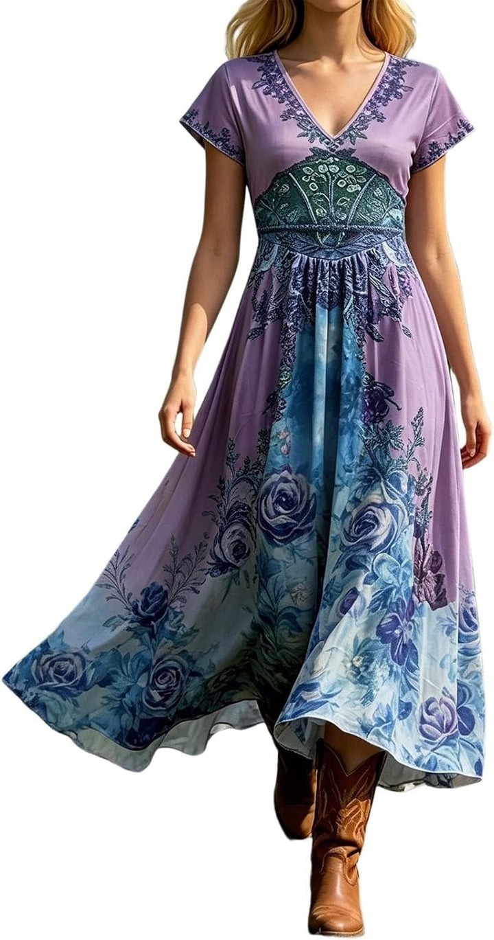 Floral V-Neck Maxi Dress – Short Sleeve