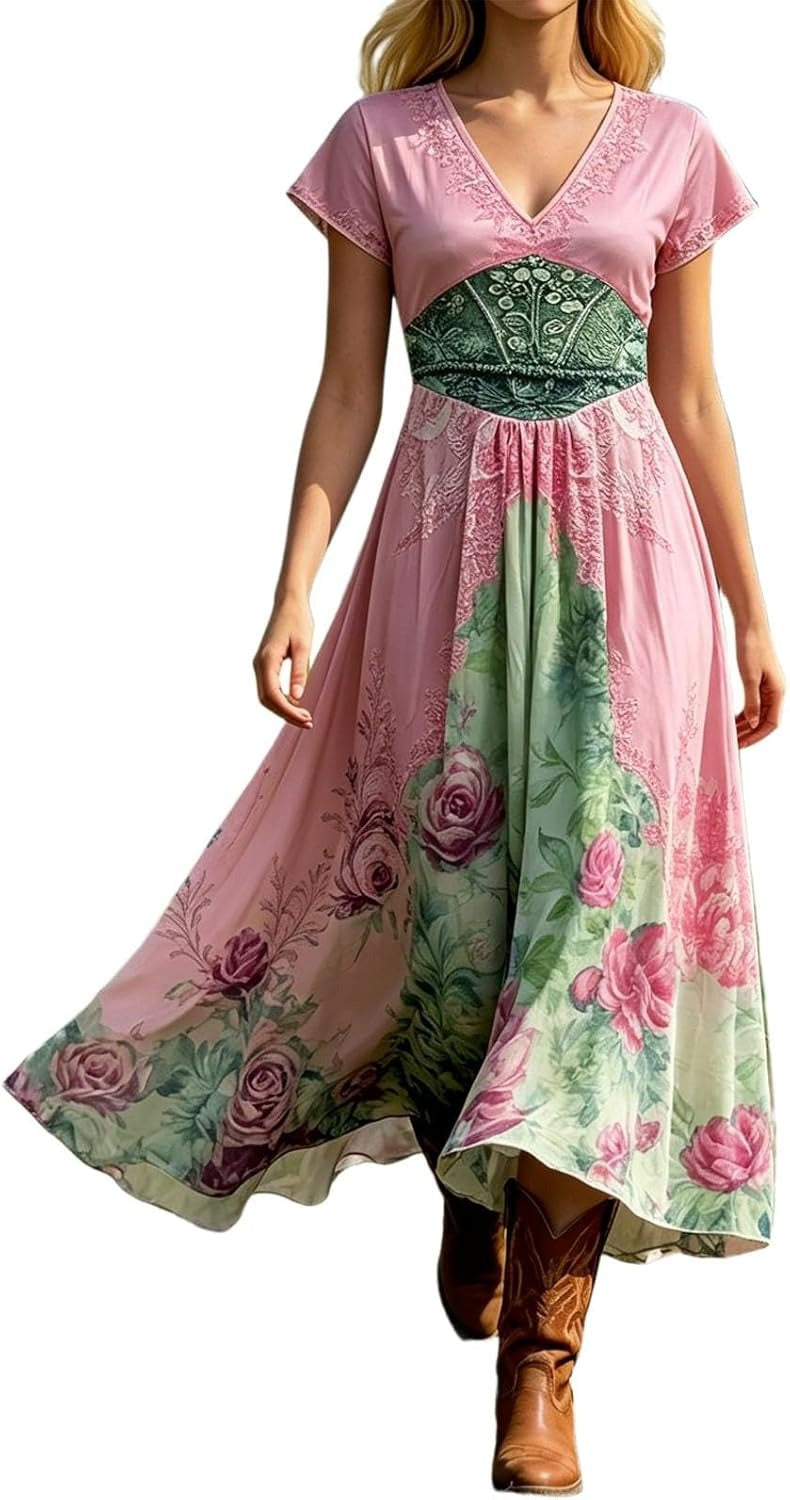 Floral V-Neck Maxi Dress – Short Sleeve