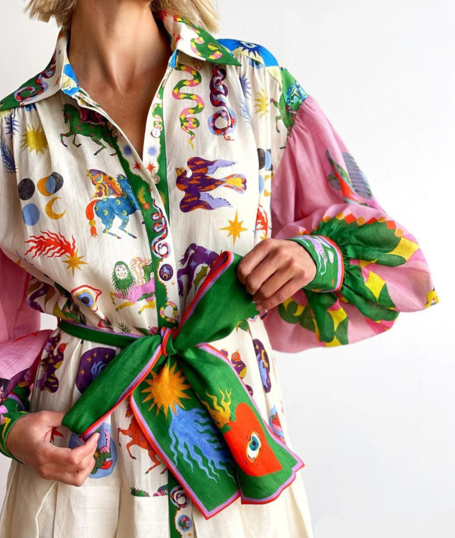 Printed Balloon Sleeve Belted Maxi Shirt Dress