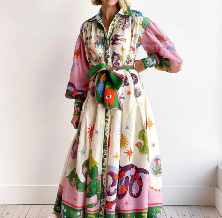 Printed Balloon Sleeve Belted Maxi Shirt Dress